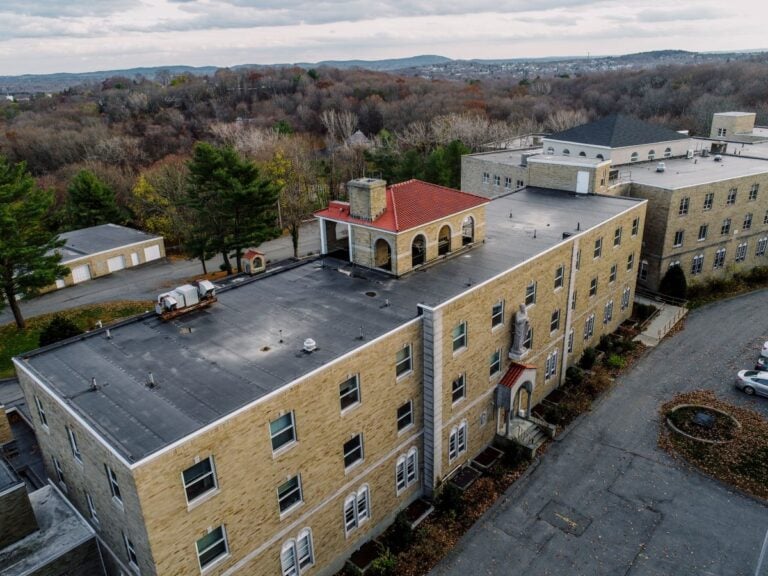 A hospital building with a new roof