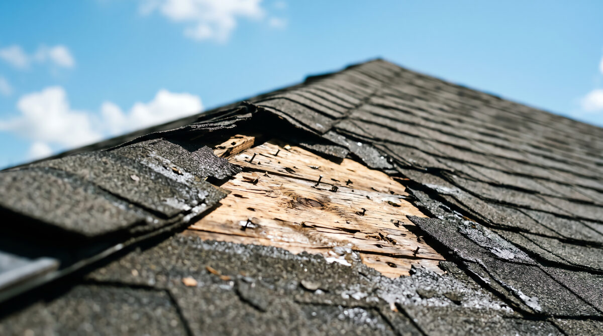 will insurance cover a 20 year-old roof A close-up of a roof with damaged and missing shingles, exposing the wooden structure underneath against a blue sky with some clouds.